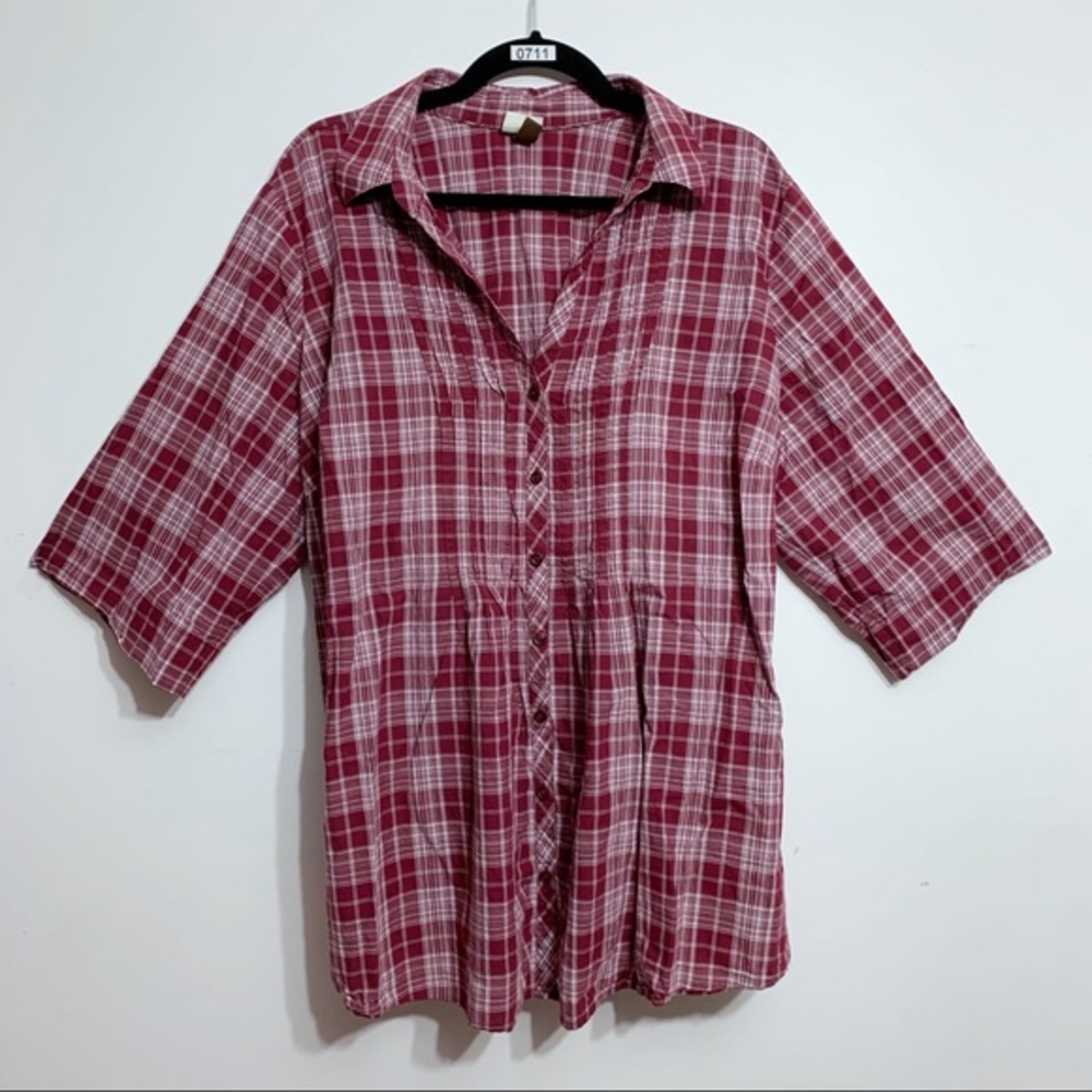 Sonoma 3X Red White Plaid Button Front Shirt Cotton 3/4 Sleeve Plus